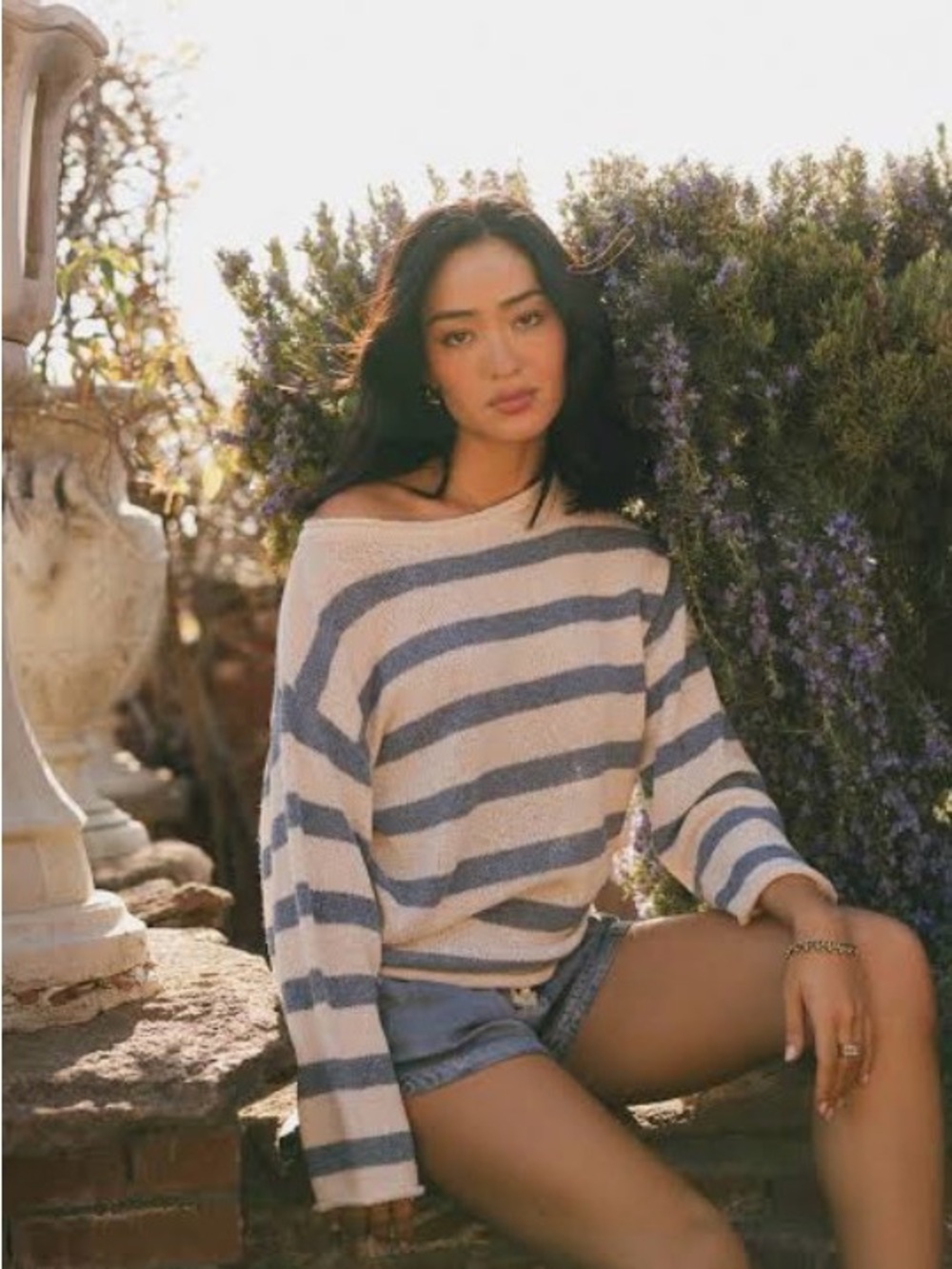 Bohme Kelsey Cream and Blue Striped Crewneck Sweater